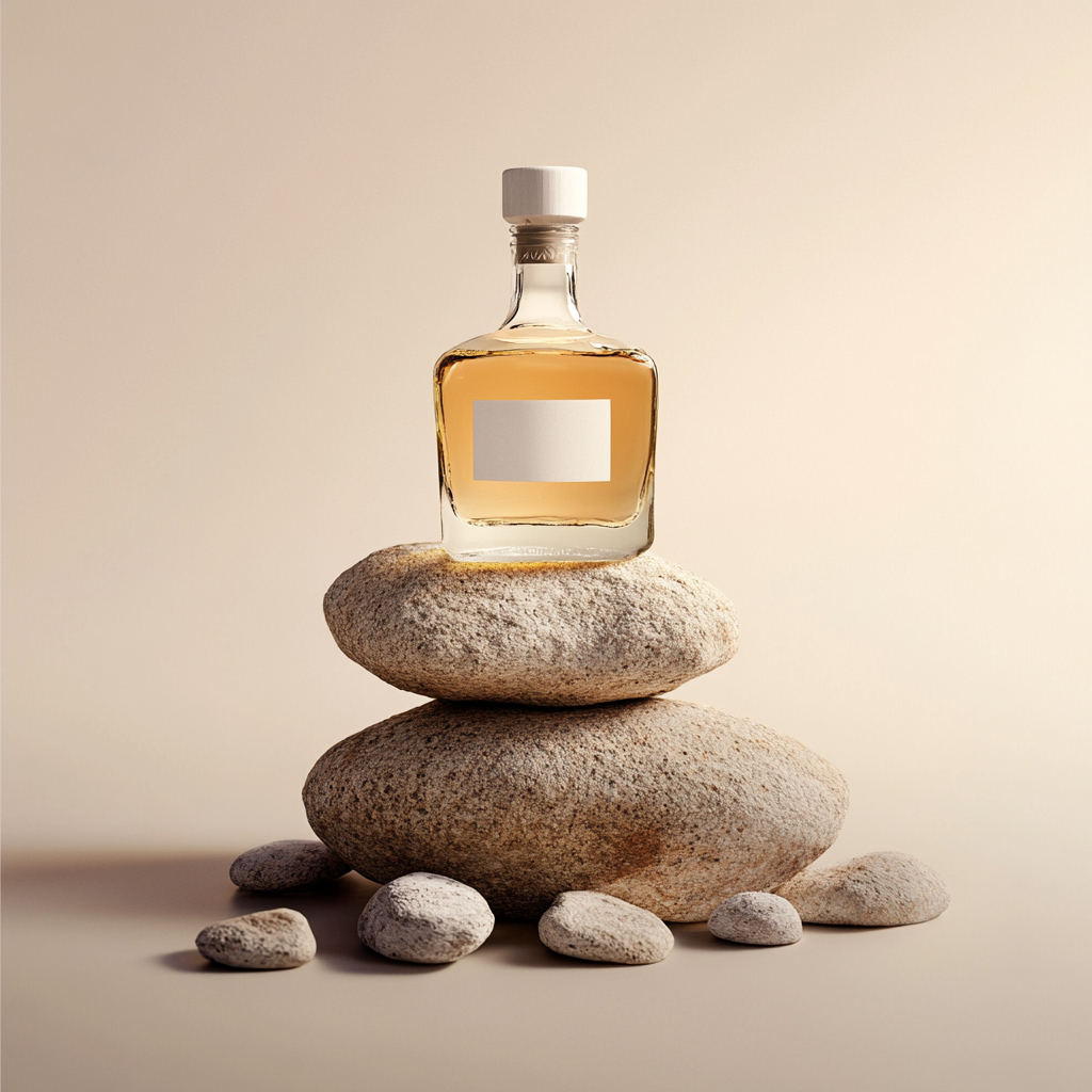 Tequila bottle on rocks with neutral backdrop