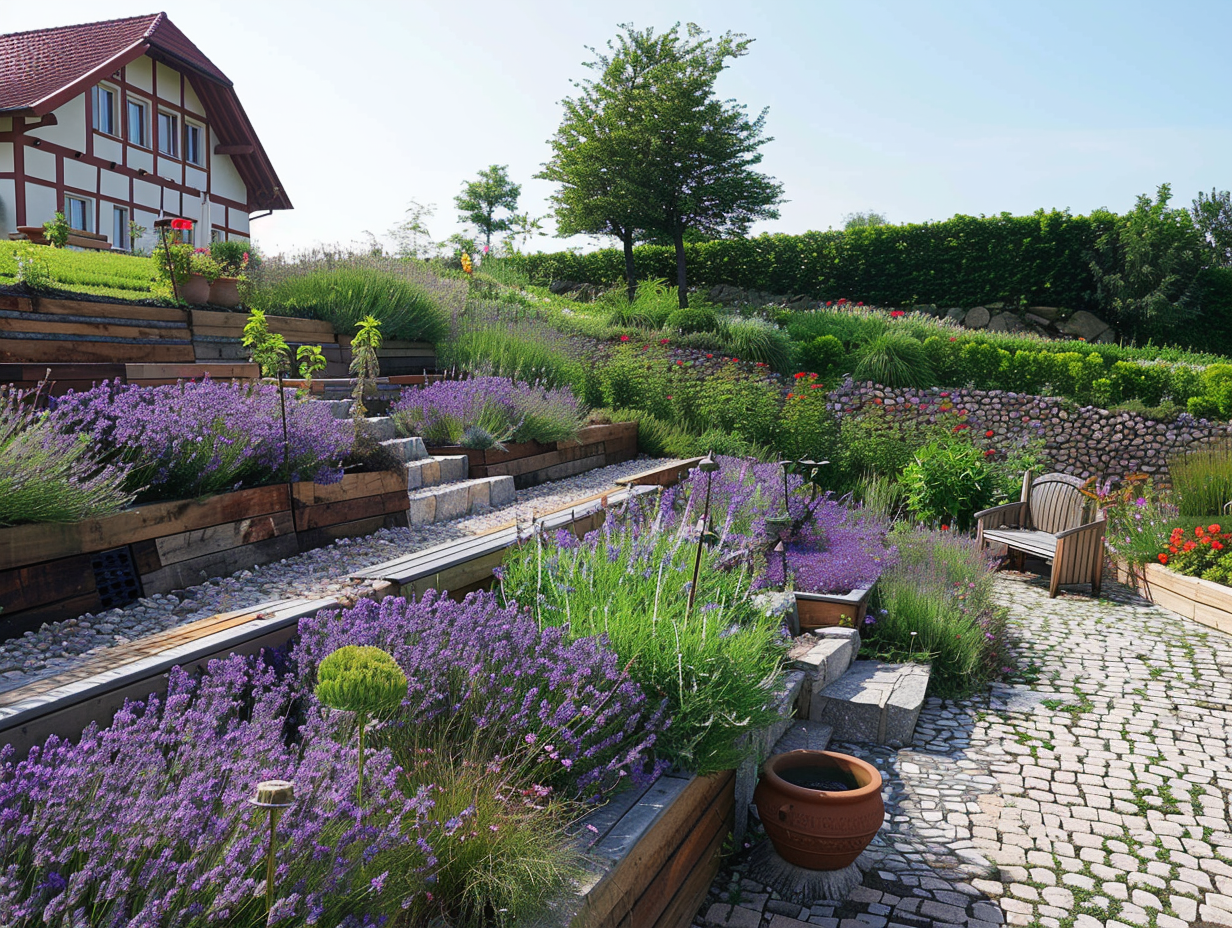 Terraced garden supported by wooden walls and flower beds.