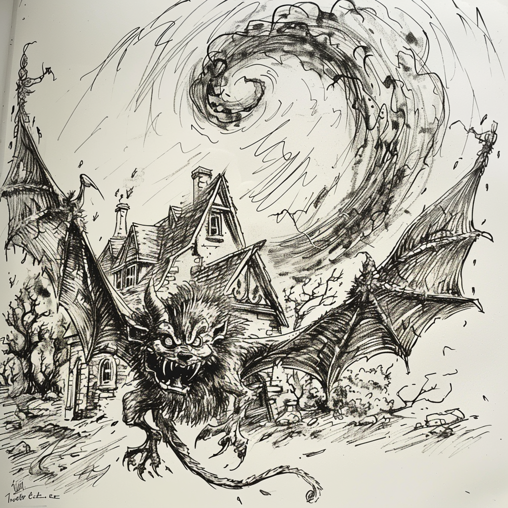 Terrified Devil in Tornado Sketch by Tudor House