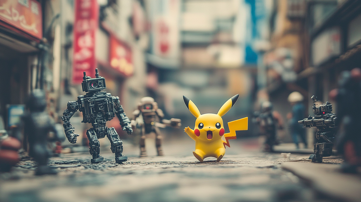 Terrified Pikachu running from Terminator robots in Tokyo.