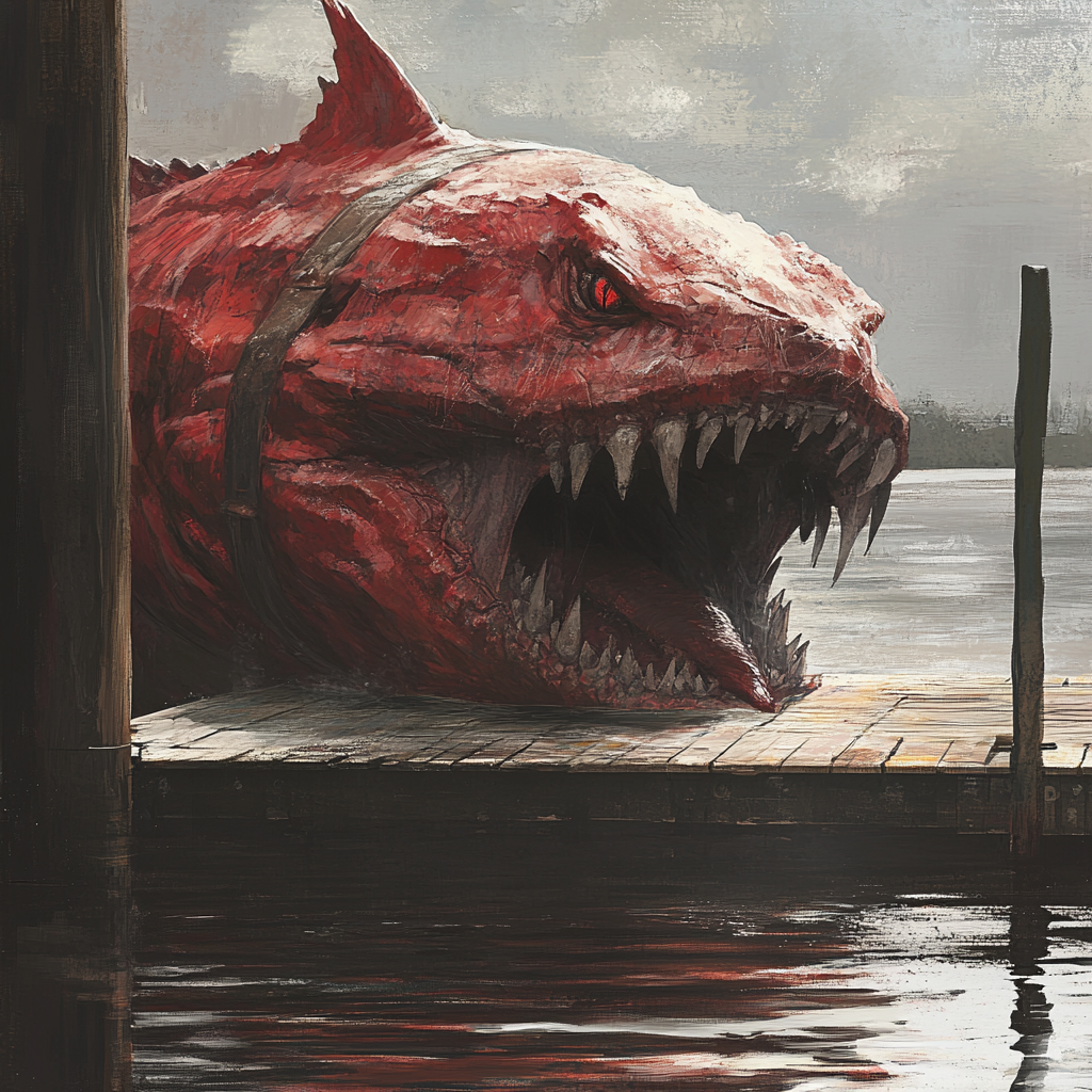 Terrifying red-skinned shark-crocodile monster coming out of water.