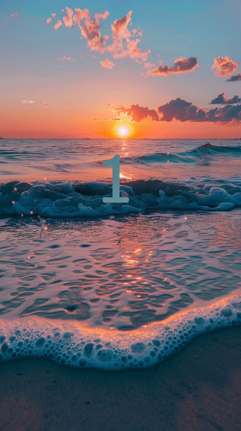 Text floating above beach at sunset, wet from waves.