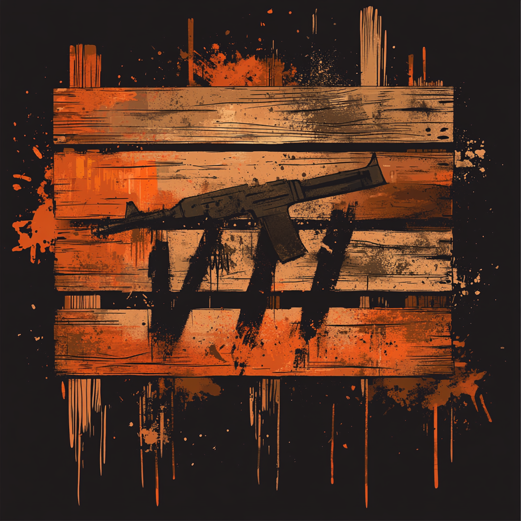 Text: 'AK-47' wooden crate design for DTG printing.