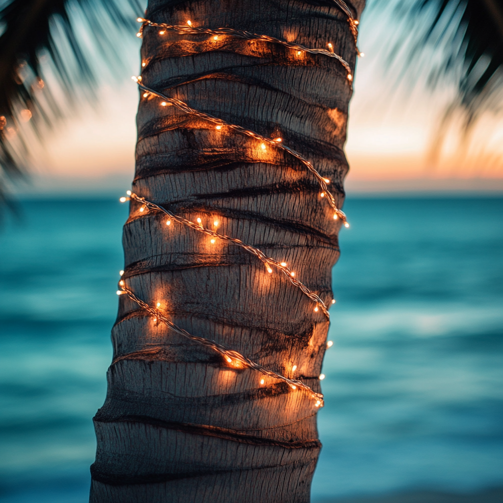 Textural palm tree trunk with delicate string lights.