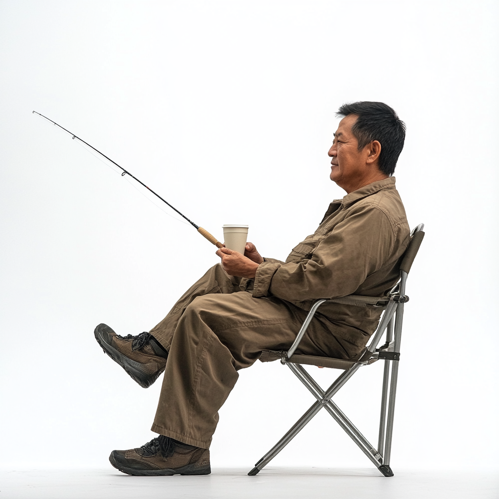 Thai Man Fishing with Coffee on Chair.