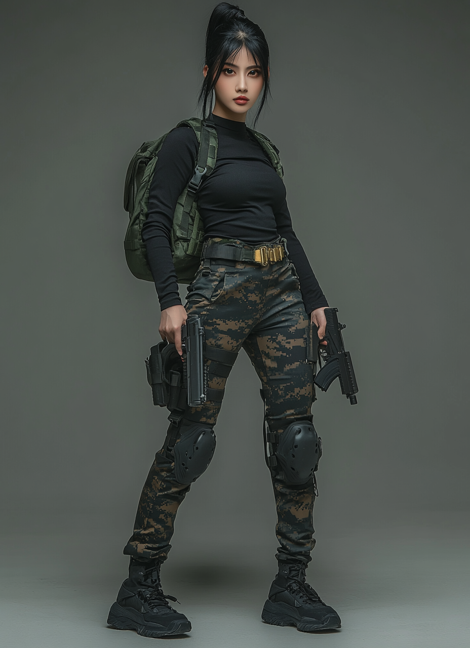 Thai female with wolf haircut, black clothes, armed, looking.