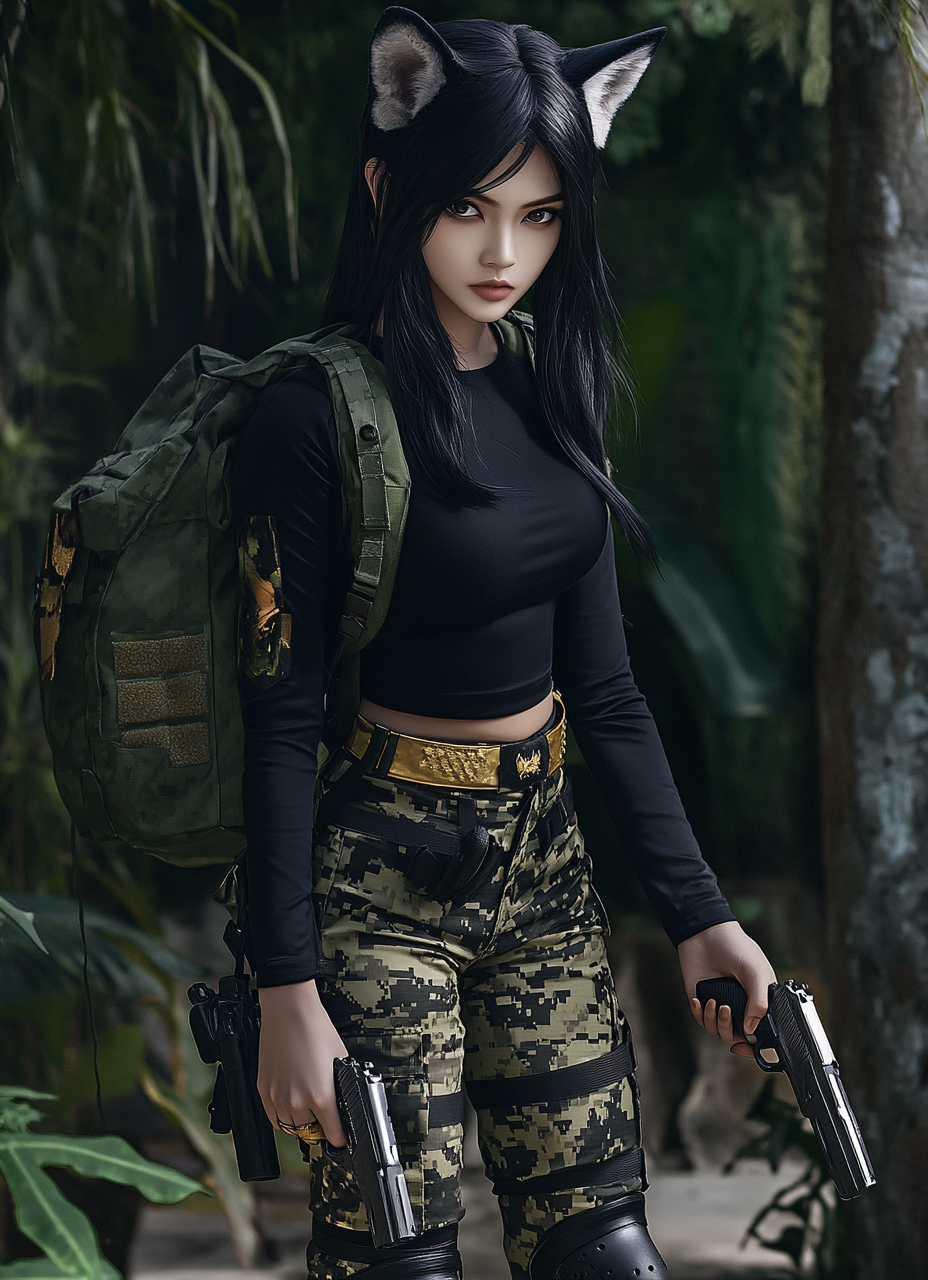 Thai female with wolf haircut, black clothes, holding pistols.