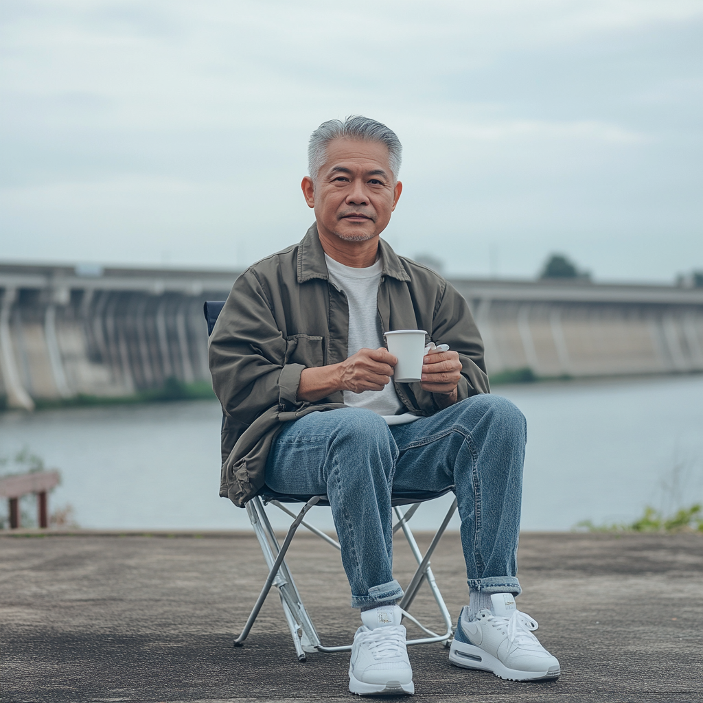 Thai man sitting by dam with coffee cup