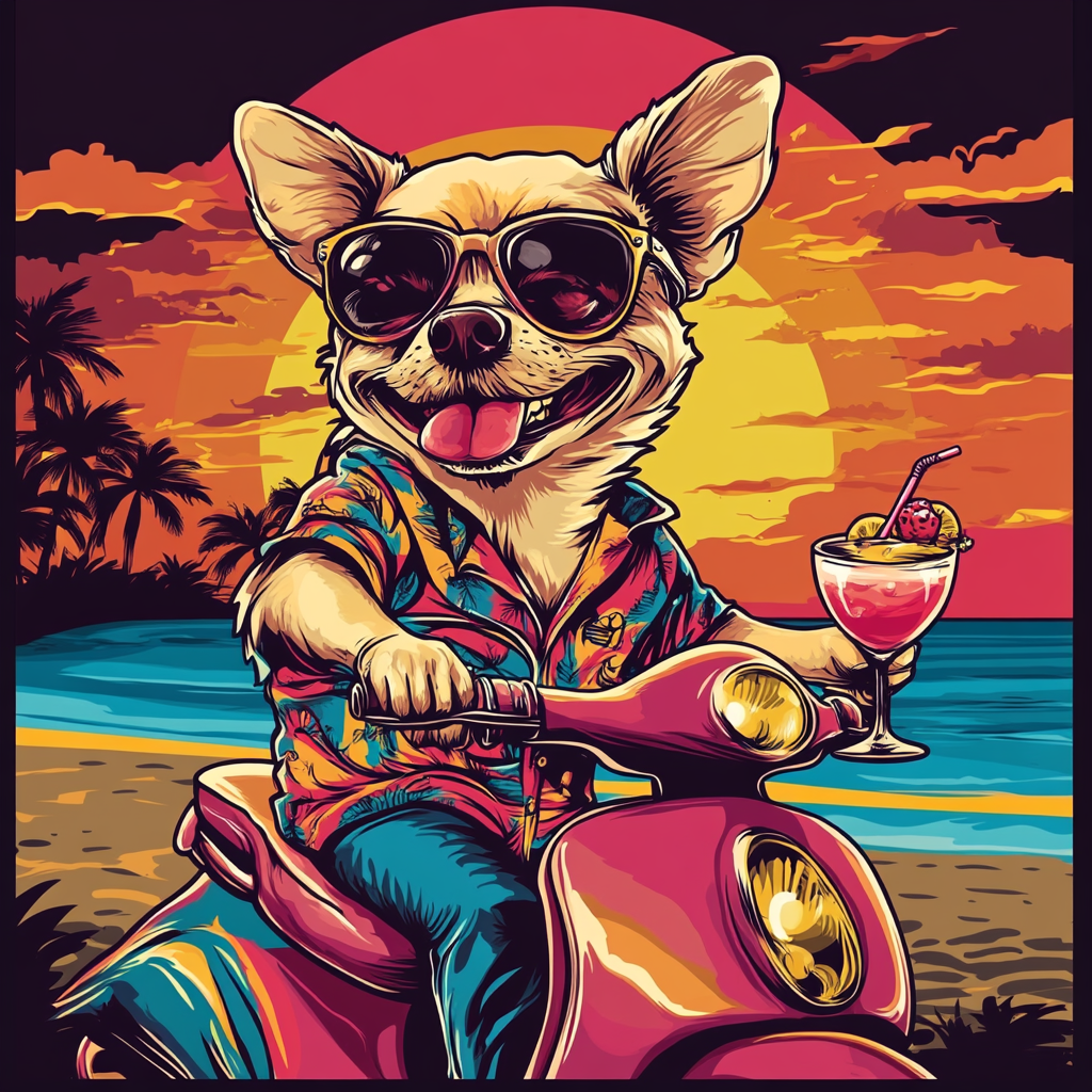 Thai street dog in colorful shirt drives scooter beach.