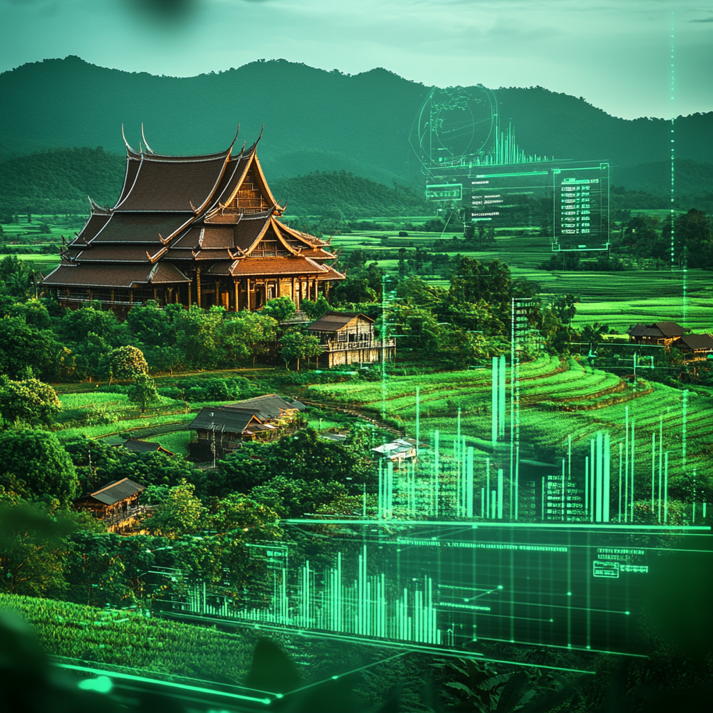 Thai-style building surrounded by green fields and holographic trading graphs. 