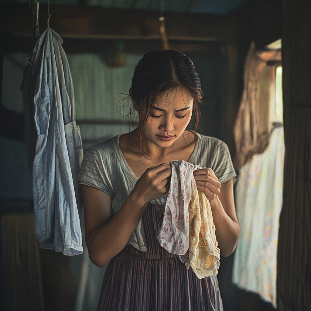 Thai woman holding clothes, longing for home smell