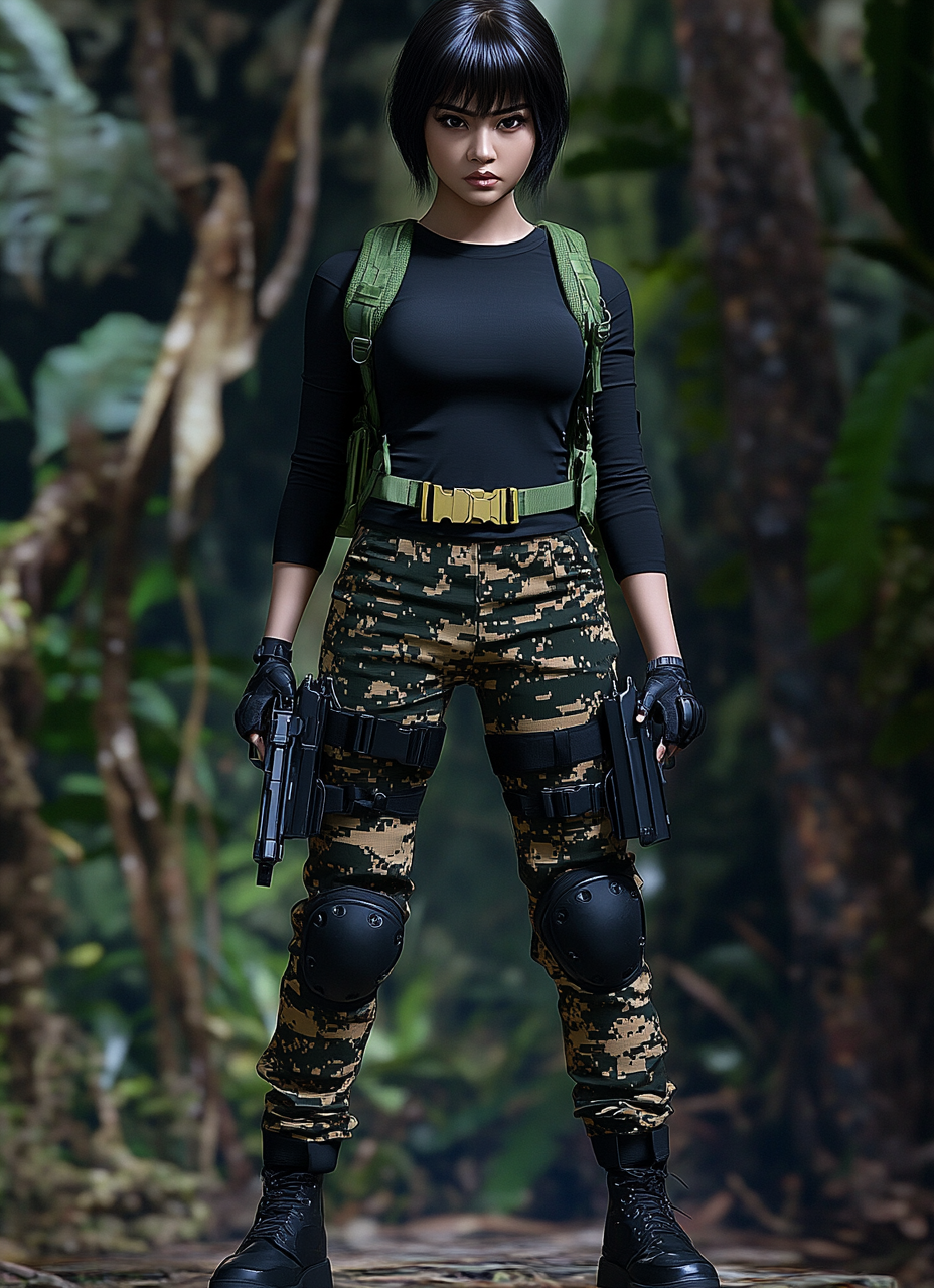 Thai woman in black shirt and camo pants, serious.