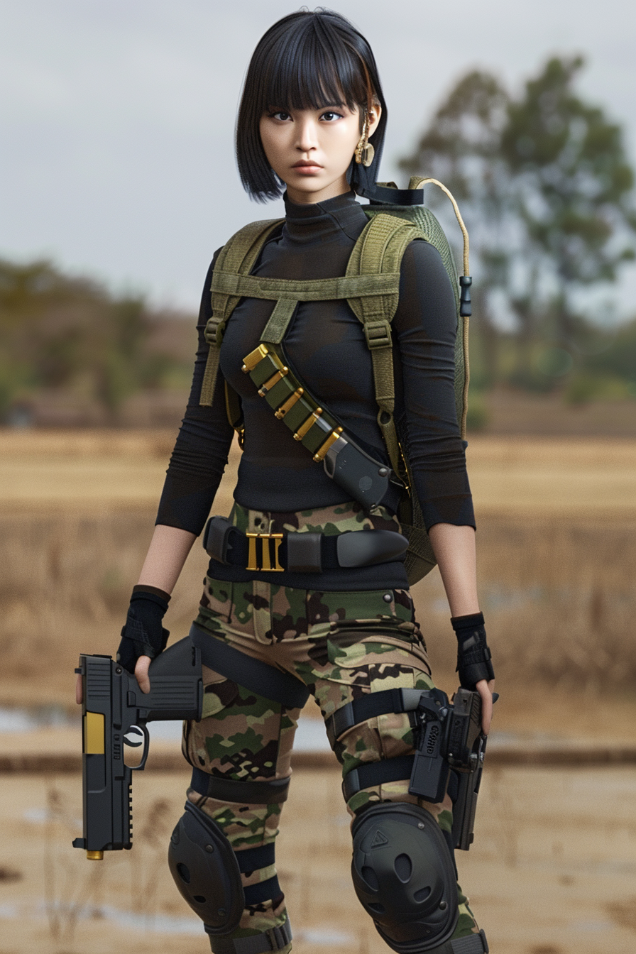 Thai woman in field with guns, military attire.