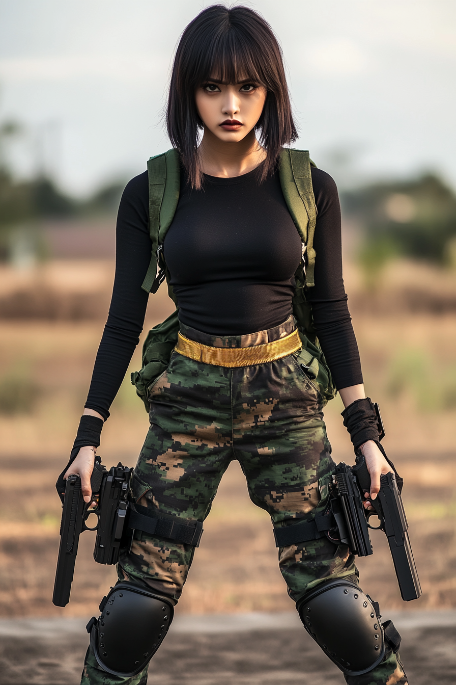 Thai woman with black hair, serious face, pistols.