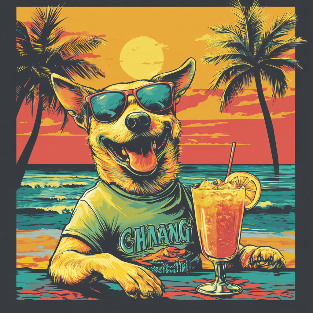 Thailand street dog with Chang beer t-shirt enjoying cocktail.