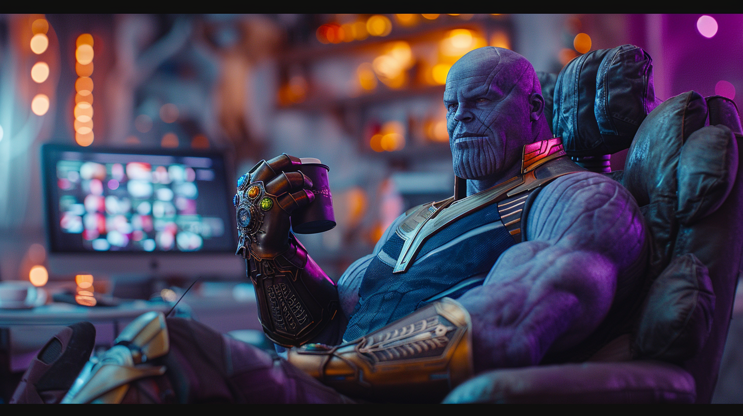 Thanos in comfy office with computer and coffee mug.