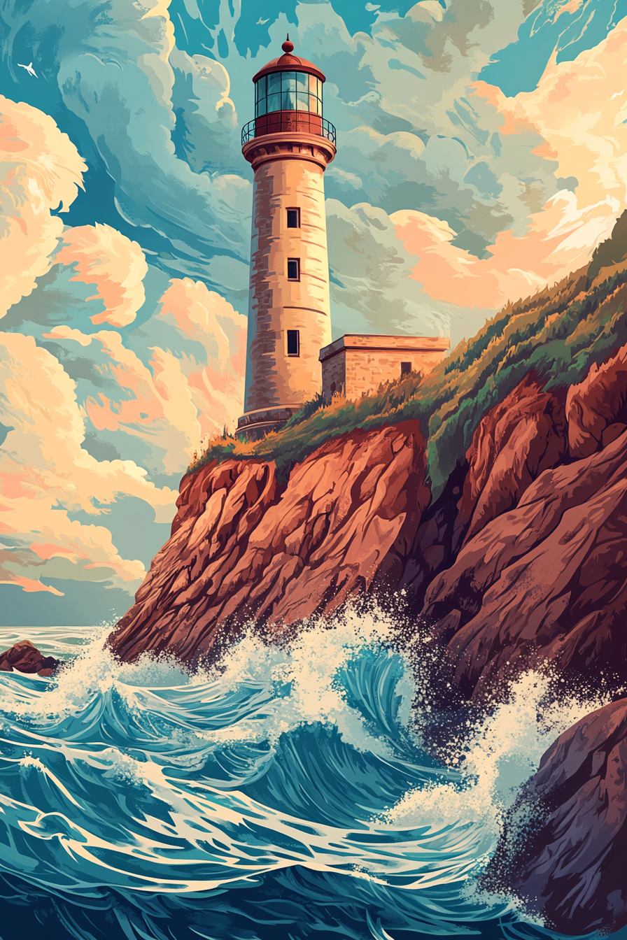 The Ancient Lighthouse on Cliff with Waves Crashing