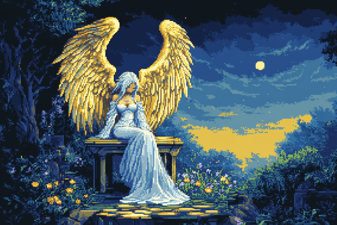 The Angelic Swordswoman in a Moonlit Garden