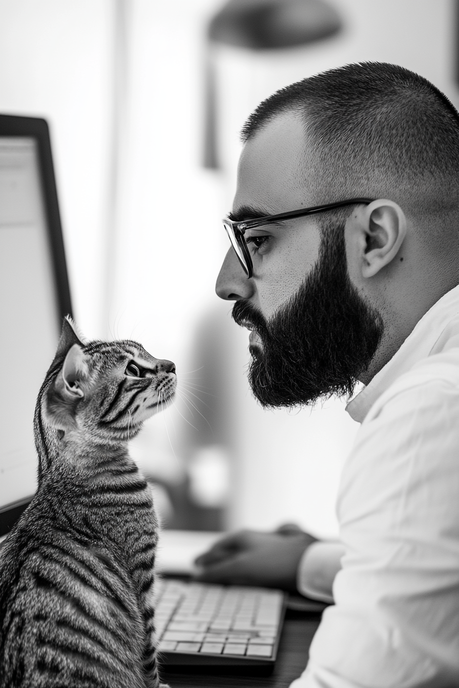 The Arab sales manager with glasses sitting at computer.