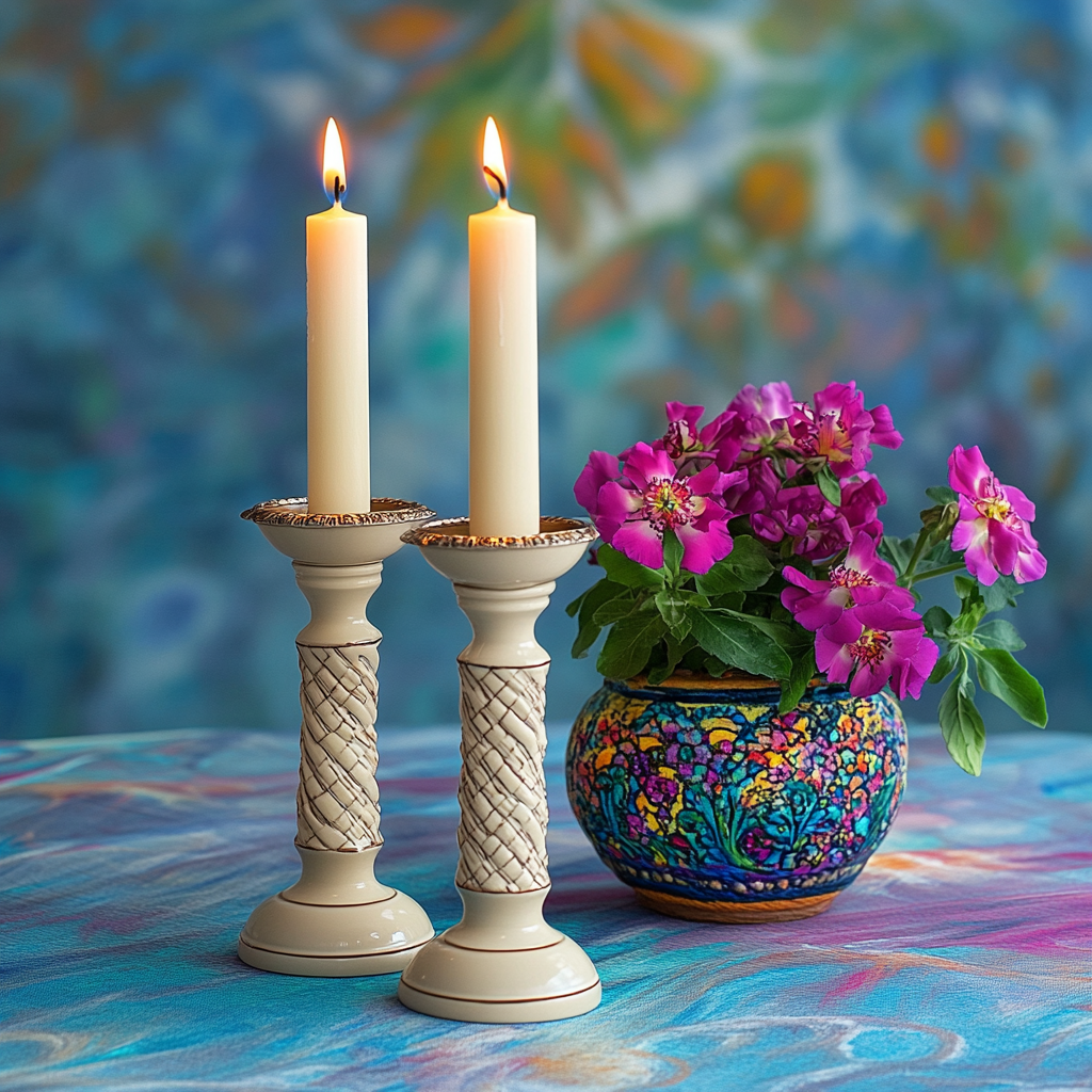 The Artistic Shabbat Candles and Pink Flowers