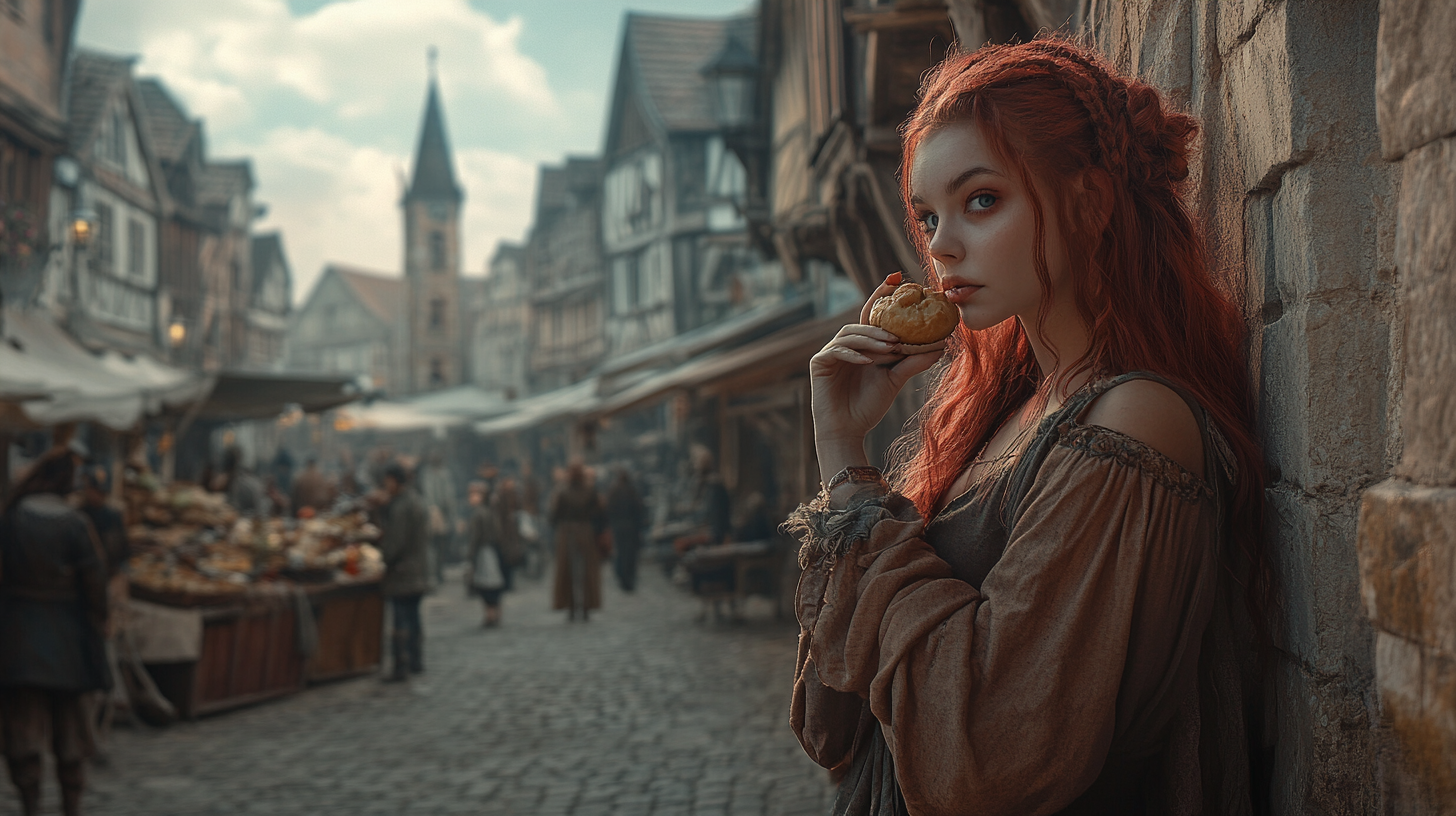 The Auburn Haired Woman Eating in Medieval Town