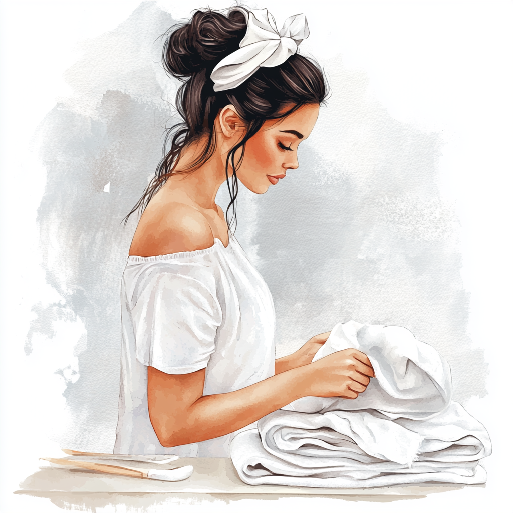 The Beautiful Girl Folding Laundry Watercolor Art