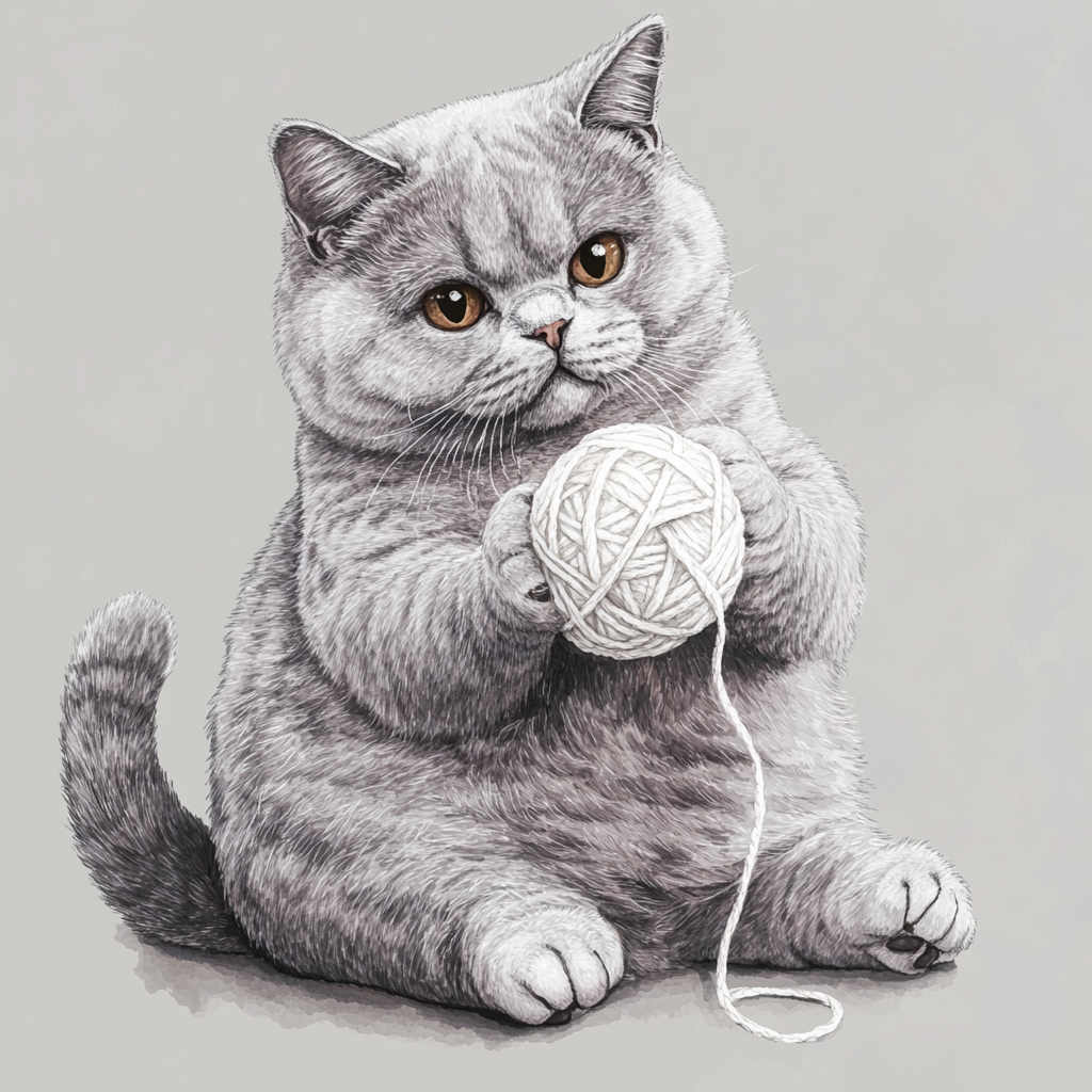 The Beautiful Gray British Cat Playing with Yarn