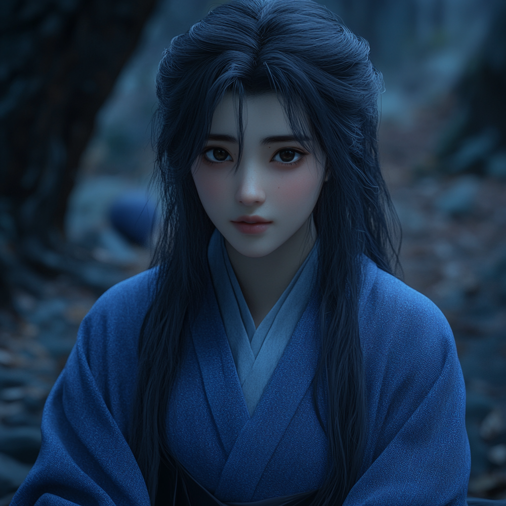 The Beautiful Japanese Princess in Blue Robe