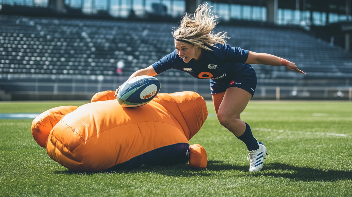 The Blonde Woman Tackling Inflatable Rugby Player