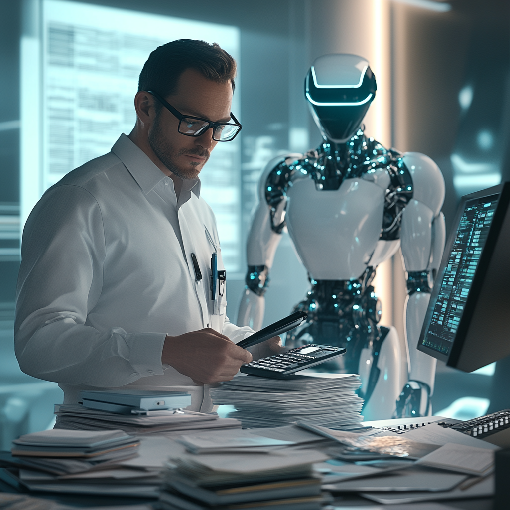 The Bookkeeper and Robot Assistant Analyzing Finances