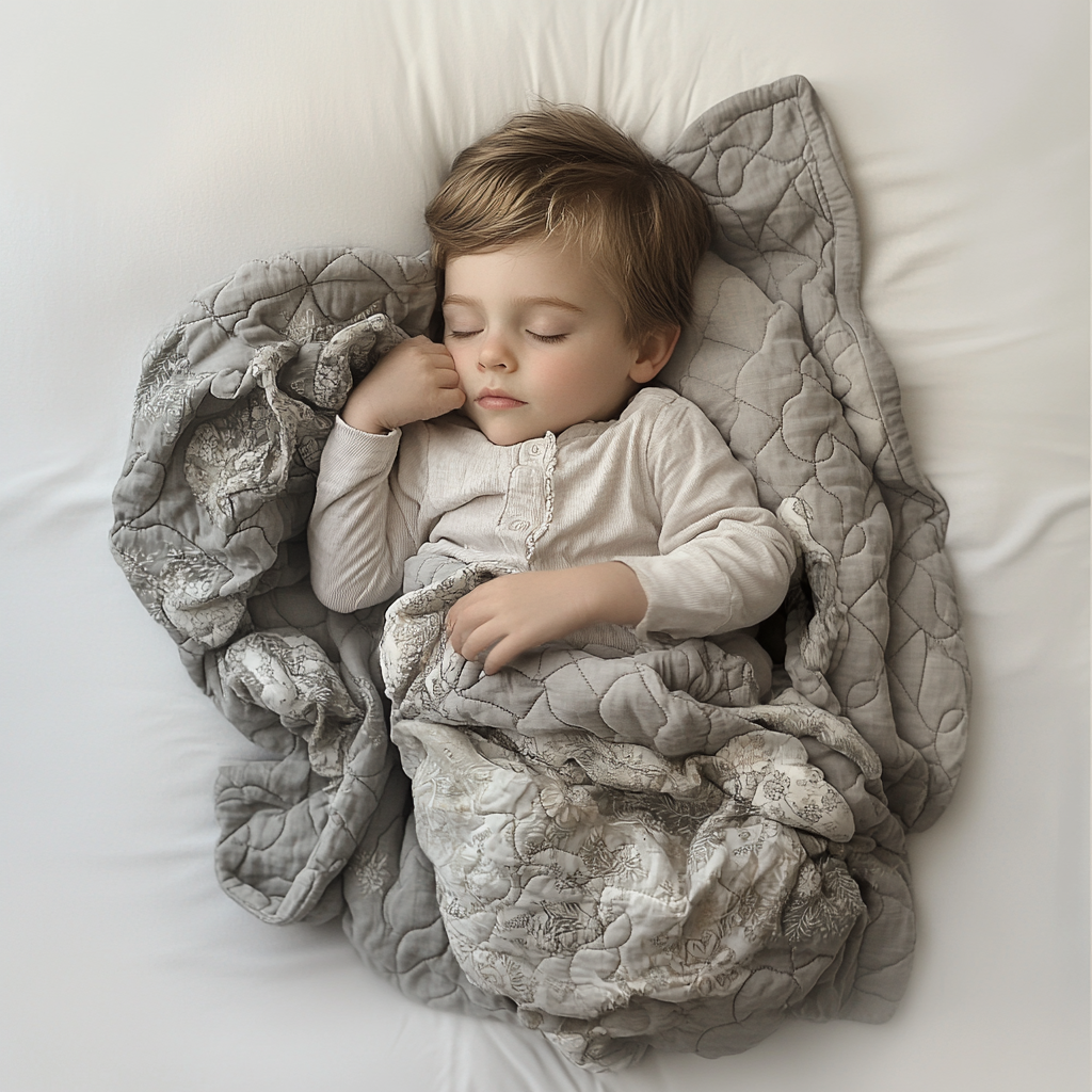 The Boy Sleeping in a Grey Quilted Bed