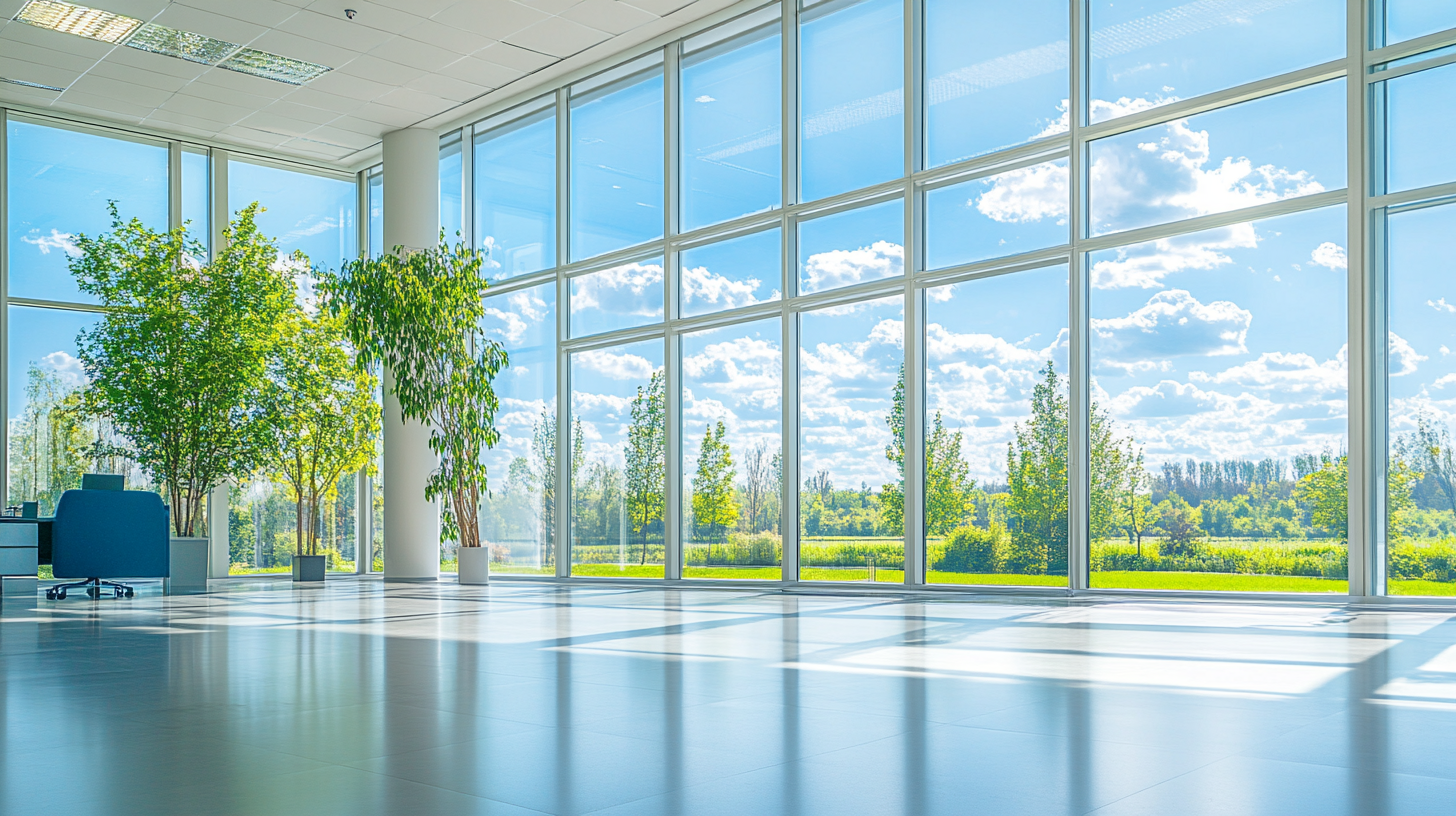 The Bright Glass Office with Beautiful Green View