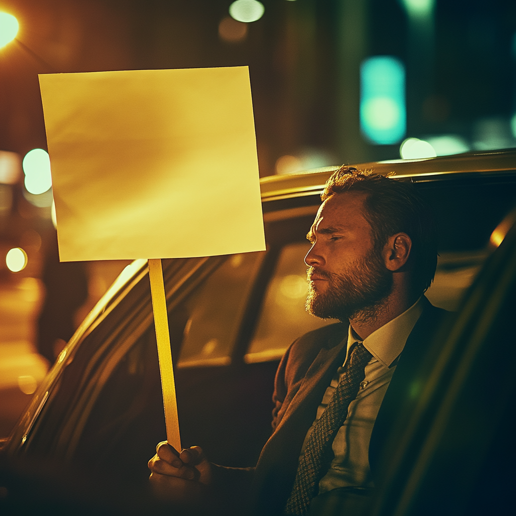 The Businessman With Protest Sign in Taxi at Night