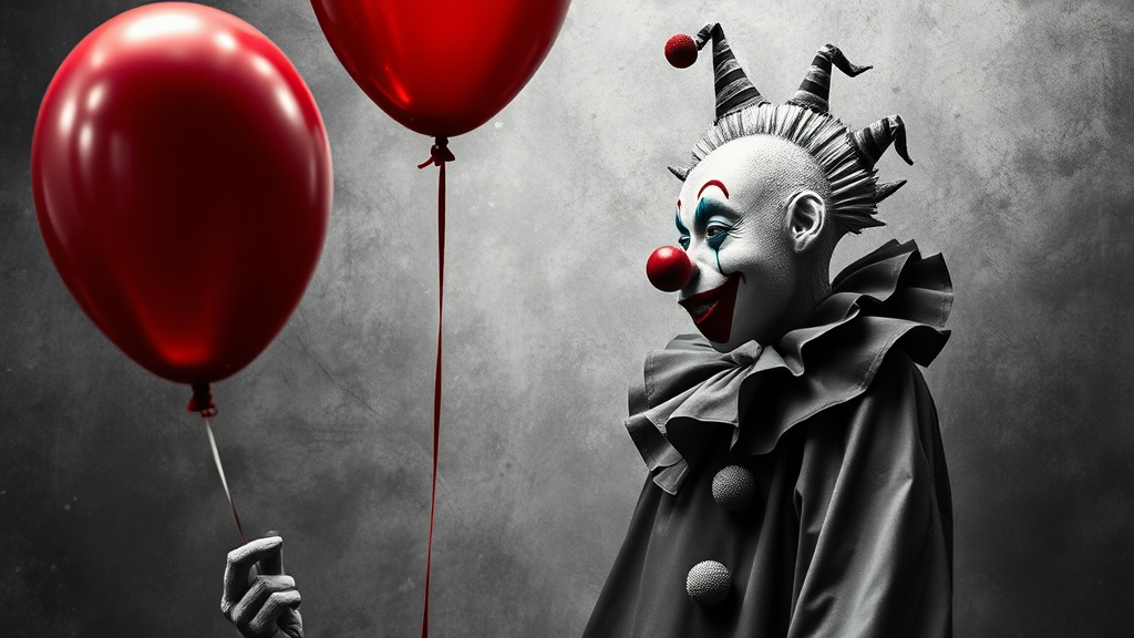 The Clown with Red Balloon in Monochrome Art