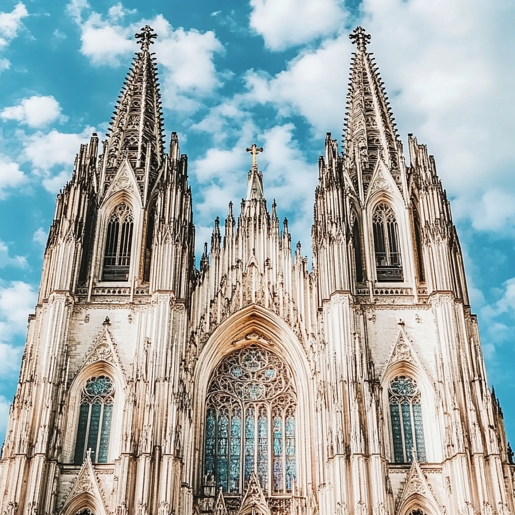 The Cologne Cathedral shines under bright blue sky.