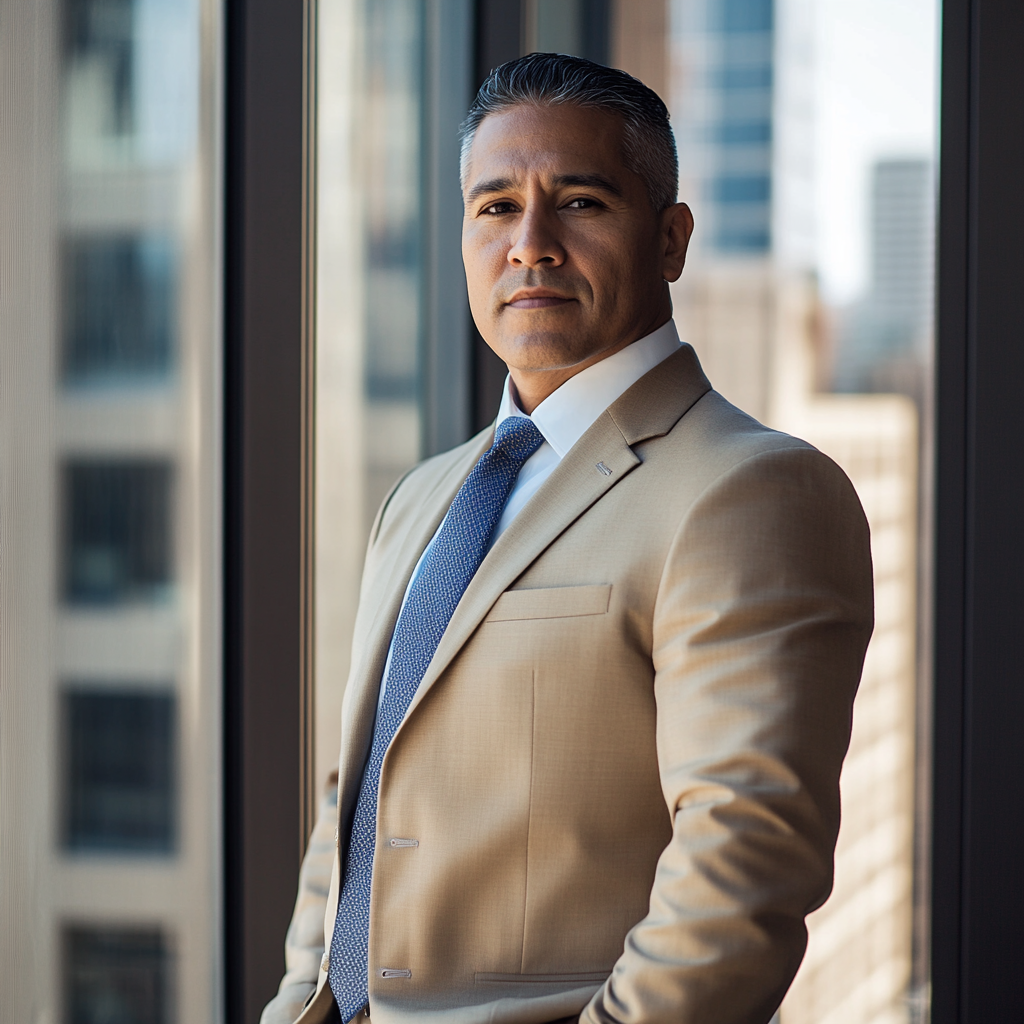 The Confident Latino Executive by the Sunlit Window