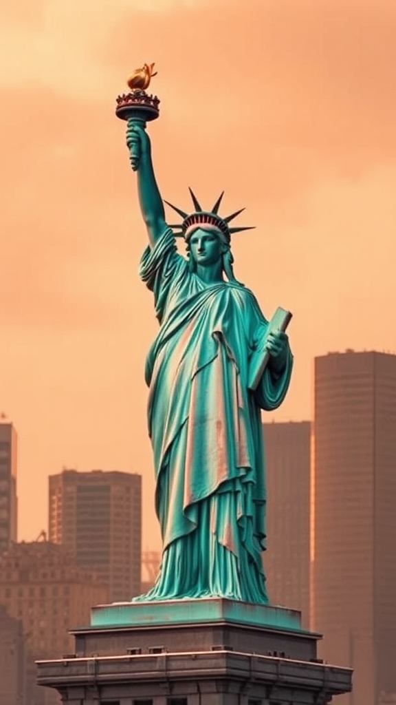 The Copper Statue of Liberty Shining Bright.