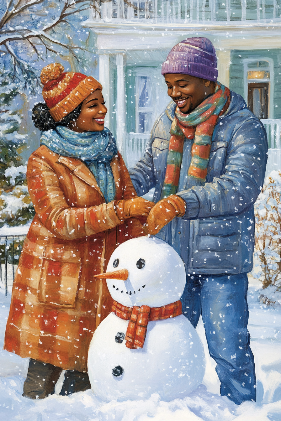 The Couple Building a Snowman in Their Yard