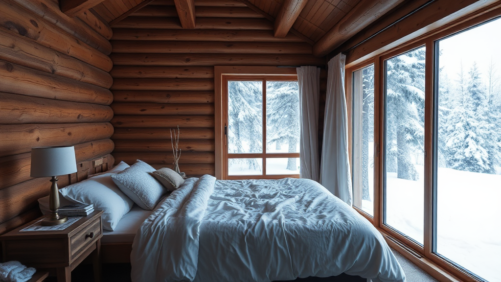 The Cozy Bedroom in the Snowy Wooden Cabin