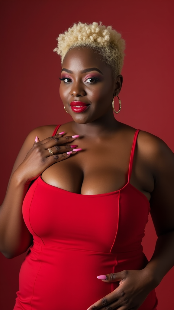 The Curvy Lady in Red with Blonde Pixie Cut