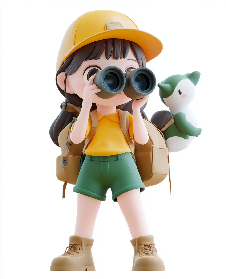 The Cute Girl Explorer Cartoon with Binoculars