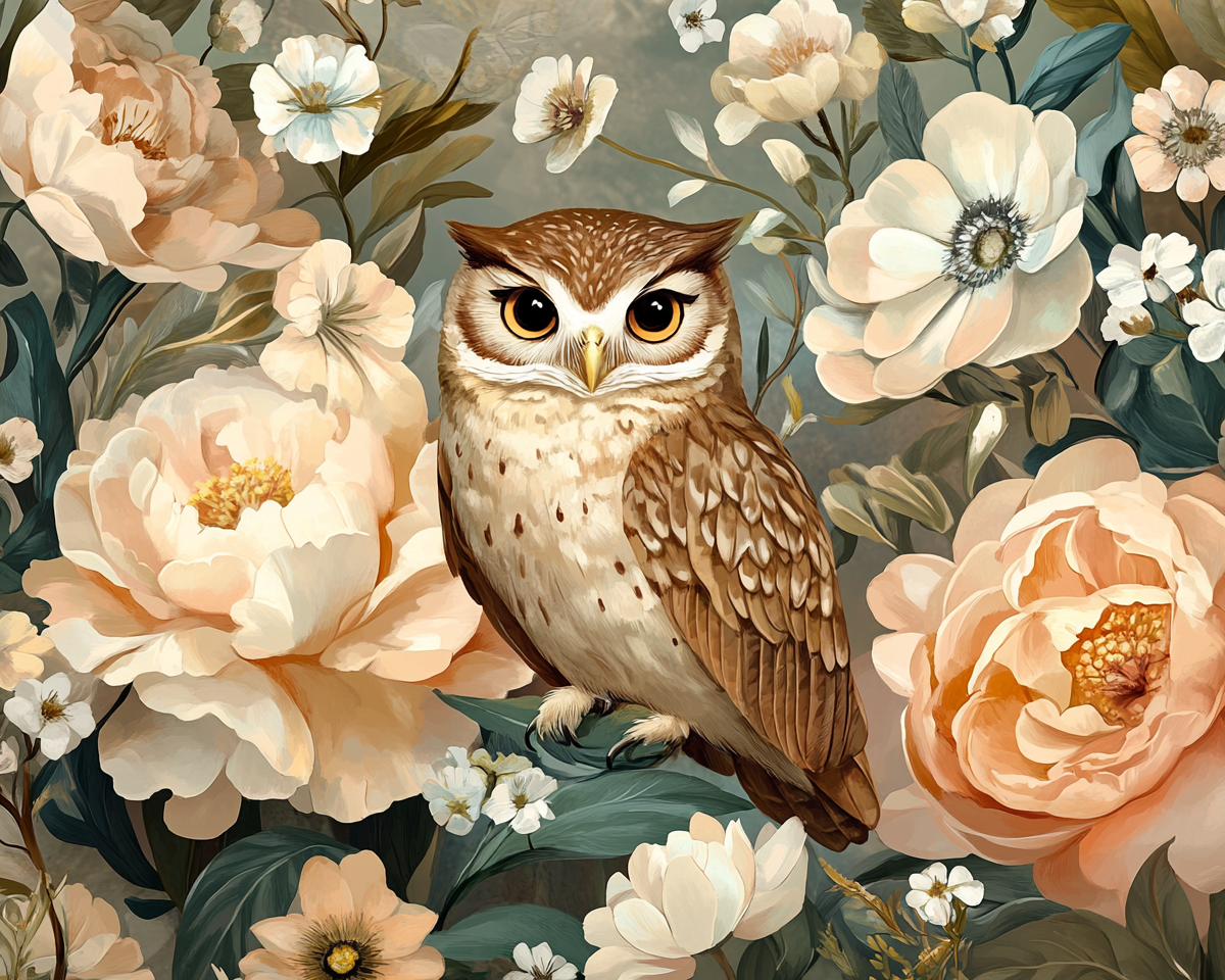 The Cute Owl Among Lush Flowers