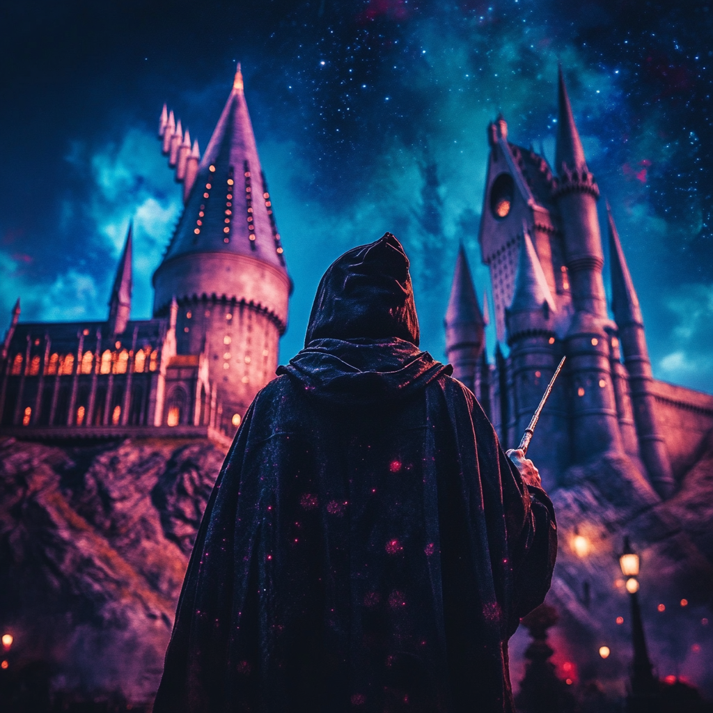 The Dark Wizard looking at Hogwarts with wand.