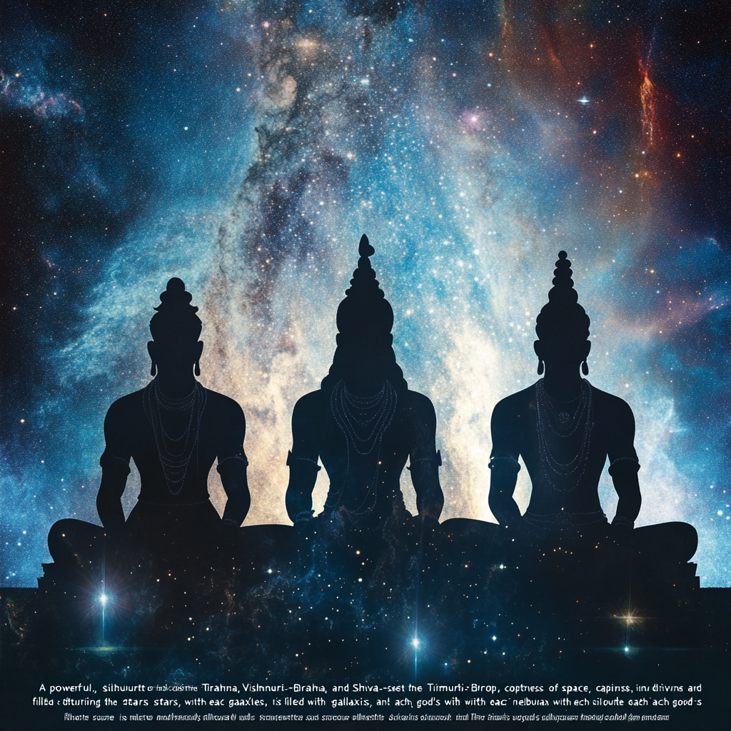 The Divine Trimurti Silhouettes in Cosmic Space