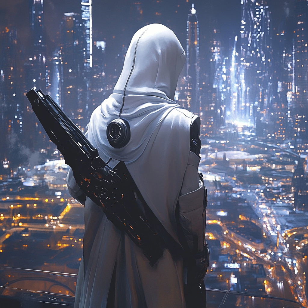 The Divine Warrior Overlooking Futuristic Cosmic City