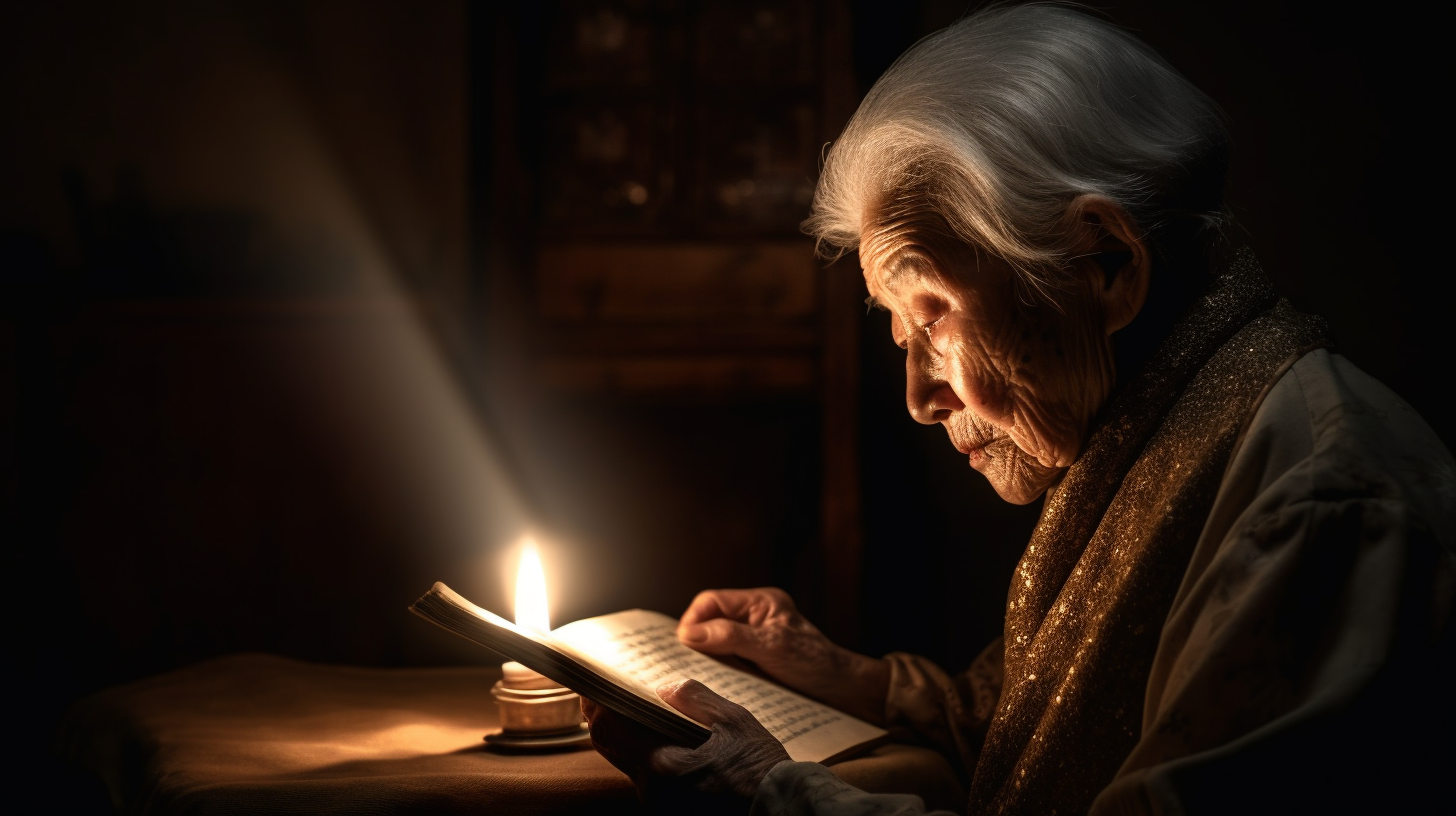 The Elderly Korean Woman Holding Bible By Candlelight