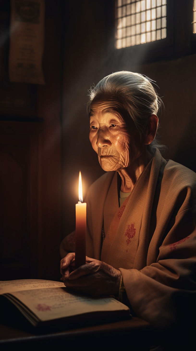 The Elderly Korean Woman with Bible and Candle