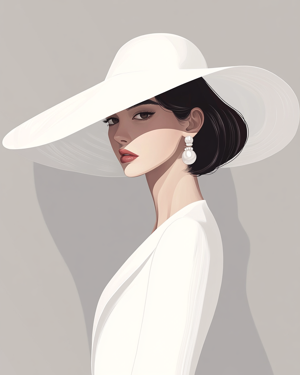 The Elegant Woman in White with Large Hat