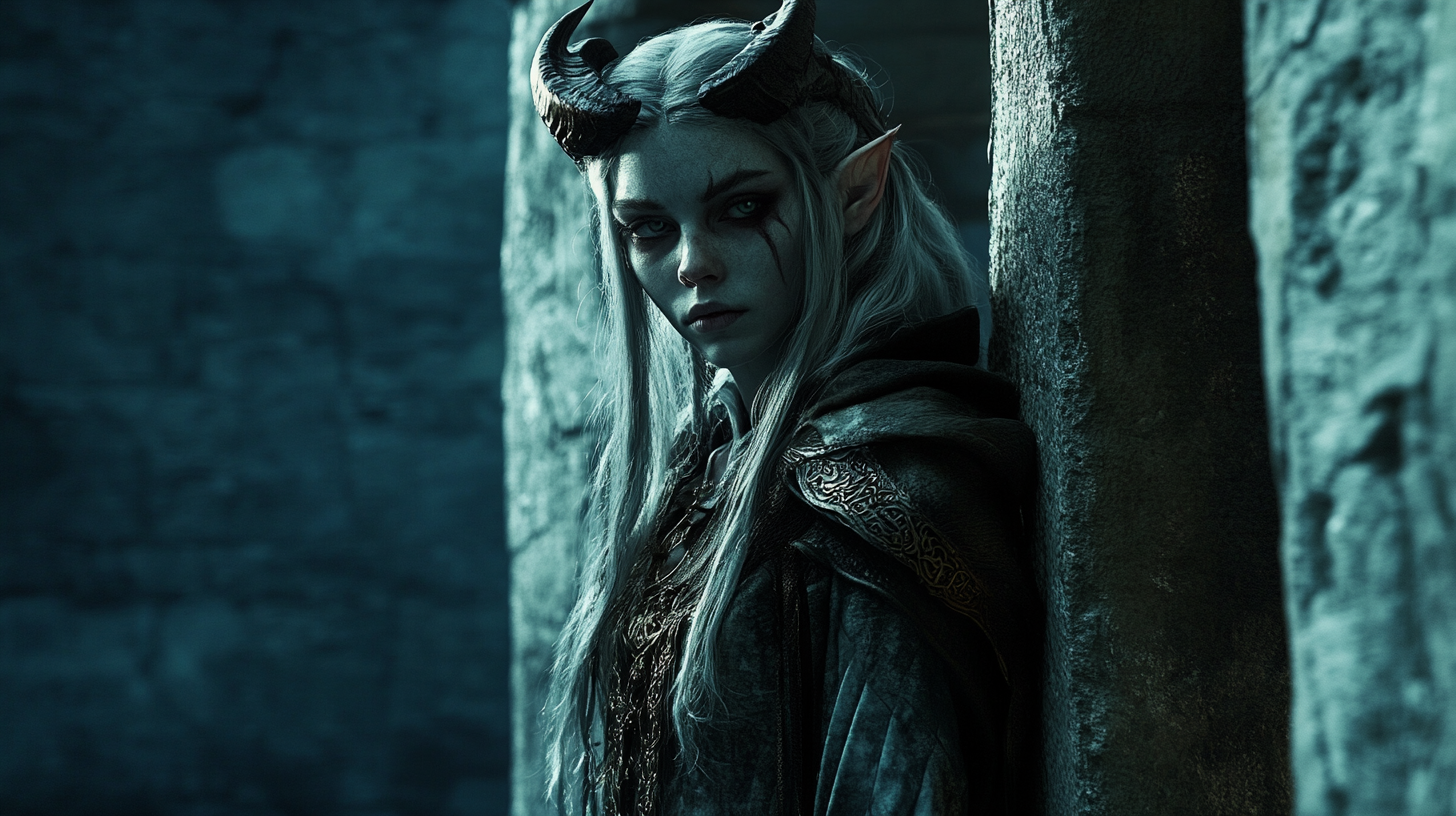 The Elven Woman with Tiefling Horns in Medieval Castle