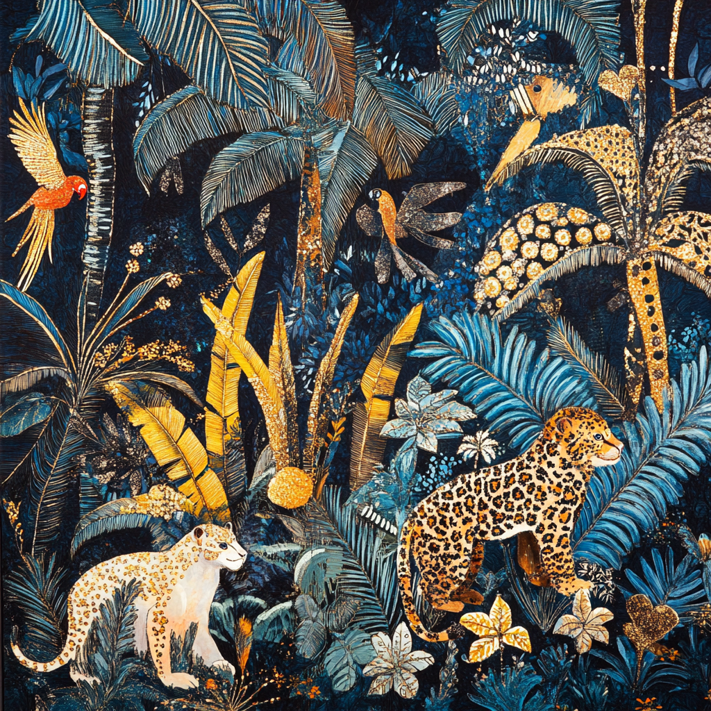 The Exotic Jungle with Gold-Blue Patterned Creatures